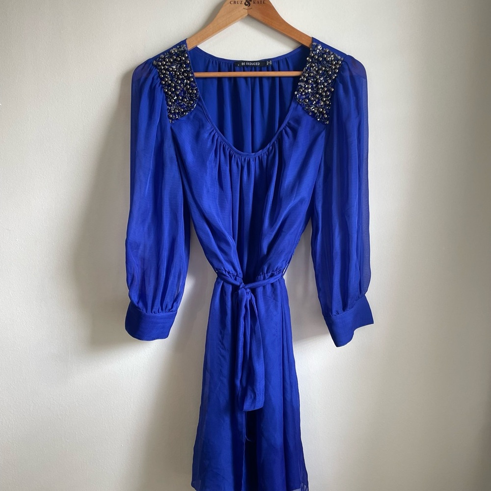 Be Seduced Cobalt Blue Embellished Shoulder Silk Dress